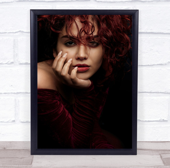 woman in red curly hair close up pose Wall Art Print