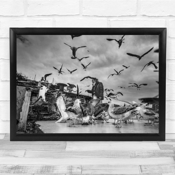 Black & White Man Seagulls Landscape Wall Art Print