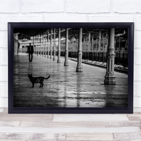 Cat Train Station Black White Person Wall Art Print