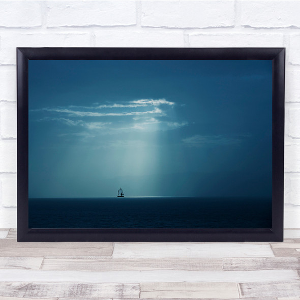 Landscape blue single boat sky ocean Wall Art Print