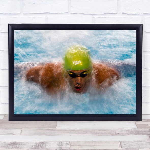 man swimming water green cap goggles Wall Art Print