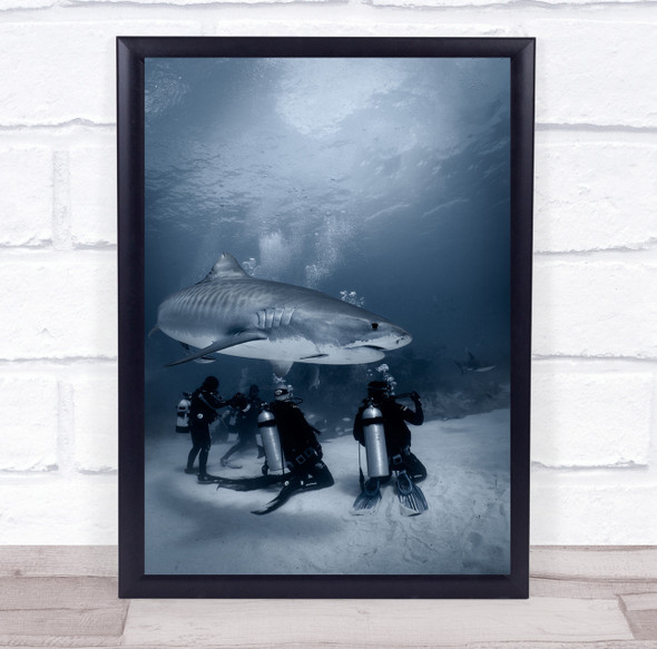 A Turn scuba diver shark underwater Wall Art Print