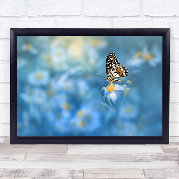 Butterfly Bokeh blue Flower pattern Wall Art Print