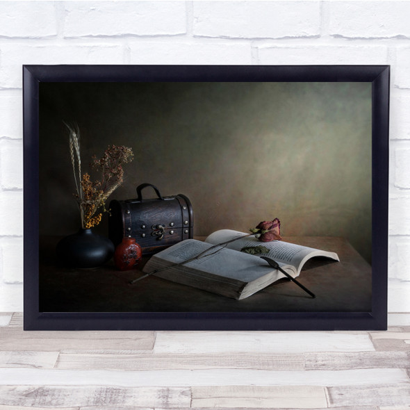 Still Life Books Rose Dried Antique Wall Art Print