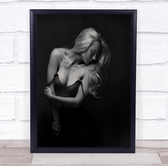 woman pose off shoulder black dress Wall Art Print