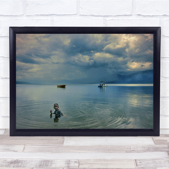 Boy Swim Water Ripple Boat Lake Wall Art Print