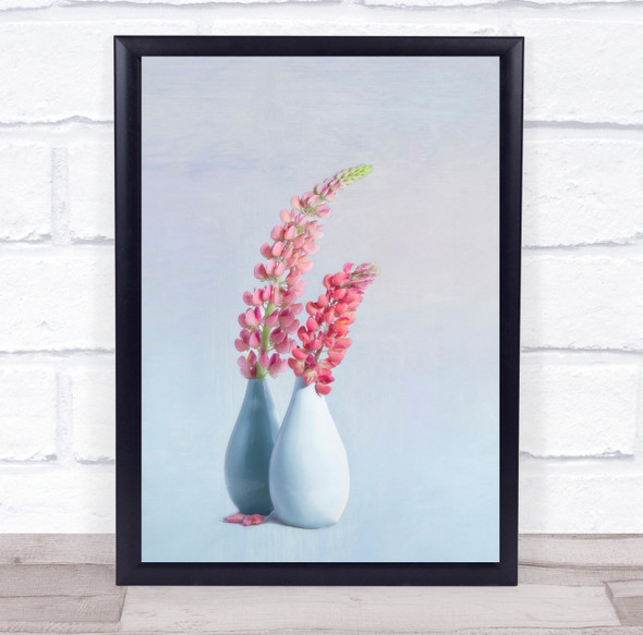 Lupins pink flowers white vases Wall Art Print
