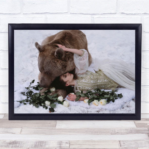 Women With Bear hugging flowers Wall Art Print