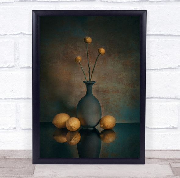 Lemons and vase with flowers Wall Art Print