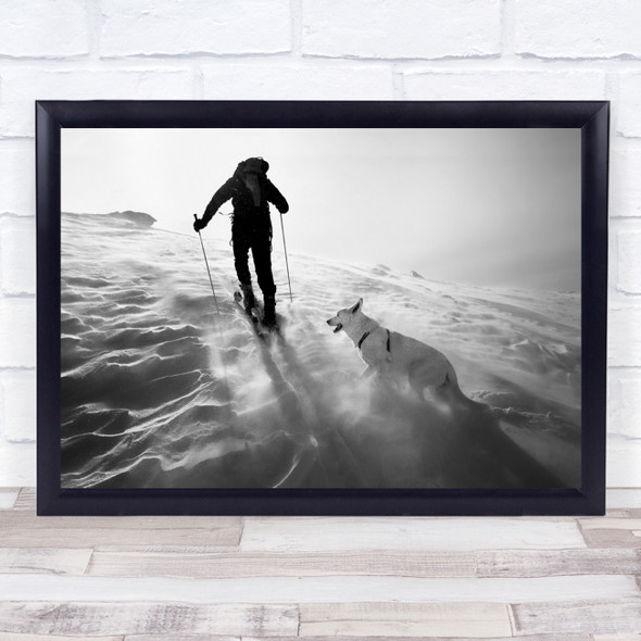 Man dog Hiking Snow sunlight Wall Art Print