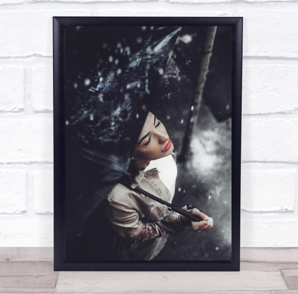 woman in rain with umbrella Wall Art Print