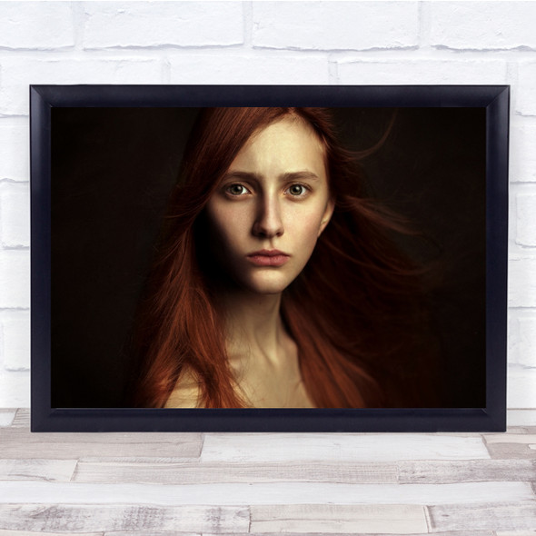 Red hair windy Woman Stare Wall Art Print