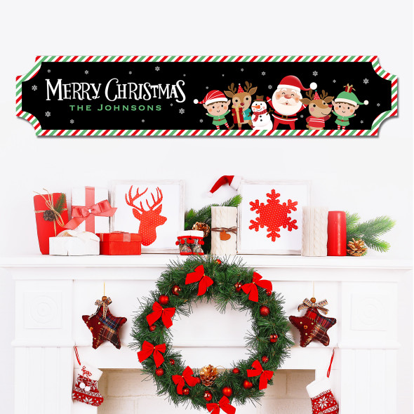 Black Santa Claus Reindeers Snowman Elf Family Name Christmas Personalised Sign
