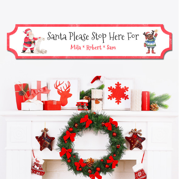 White Santa Please Stop Here Santa And Reindeer Christmas Home Personalised Sign