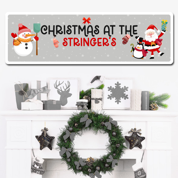 Grey Christmas Cute Characters Family Name Large Home Personalised Sign