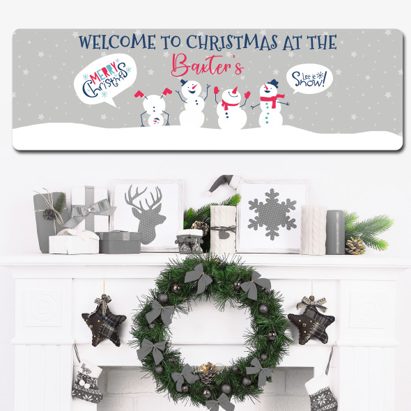 Grey Welcome To Christmas At Snowman Family Large Home Personalised Sign