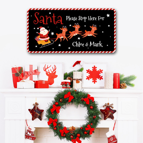 Black Santa Claus And Reindeer Christmas Family Name Home Personalised Sign