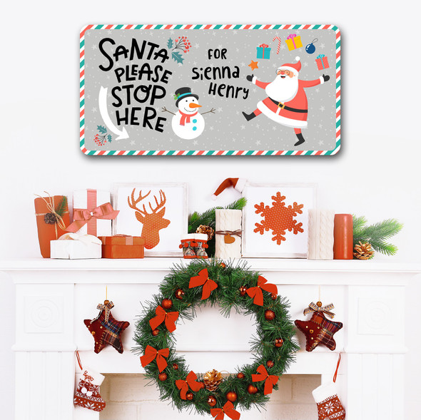 Grey Santa Please Stop Here Christmas Decoration Names Home Personalised Sign