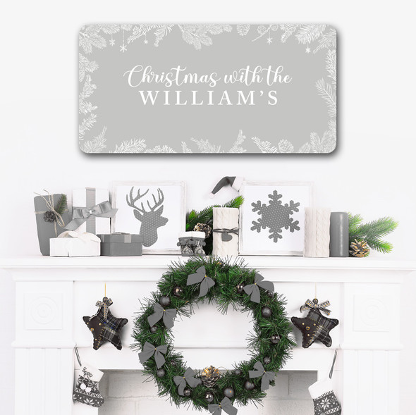 Grey White Christmas Decoration Floral Family Name Home Personalised Sign