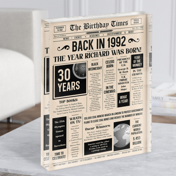 1992 Newspaper Any Age Any Year You Were Born Birthday Facts Gift Acrylic Block