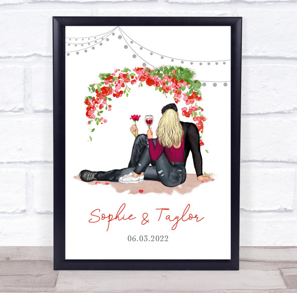 Any Year Red Flower Romantic Gift For Him or Her Personalised Couple Print