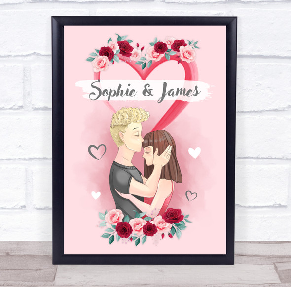 Pink Heart Roses Romantic Gift For Him or Her Personalised Couple Print