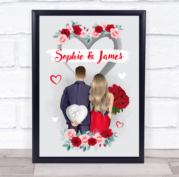 Grey Heart Roses Romantic Gift For Him or Her Personalised Couple Print