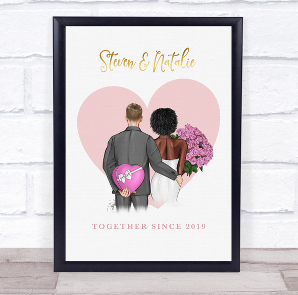 Pink Heart Gold Romantic Gift For Him or Her Personalised Couple Print