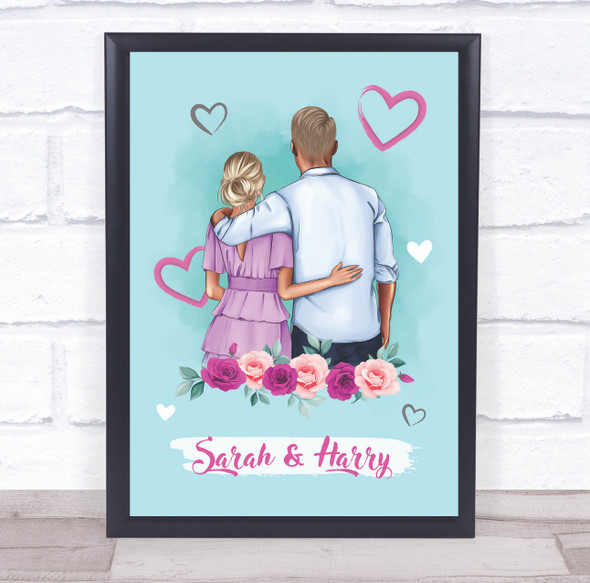 Pink Blue Roses Romantic Gift For Him or Her Personalised Couple Print