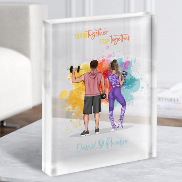 Colourful Gym Gift For Him or Her Personalised Couple Clear Acrylic Block