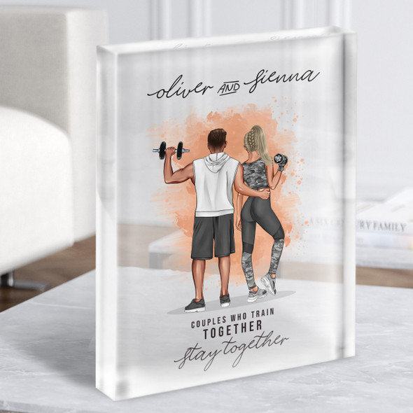 Peach Splash Gym Gift For Him or Her Personalised Couple Clear Acrylic Block
