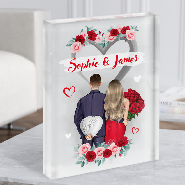 Grey Heart Roses Romantic Gift For Him or Her Personalised Couple Acrylic Block