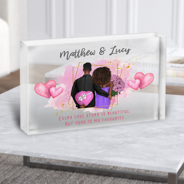 Love Story Pink Gift For Him or Her Personalised Couple Clear Acrylic Block