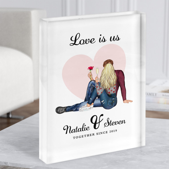 Love Is Us Pink Heart Gift For Him or Her Personalised Couple Acrylic Block