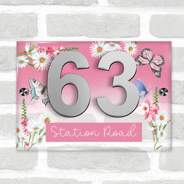 Pink Butterfly Flowers Floral 3D Acrylic House Address Sign Door Number Plaque