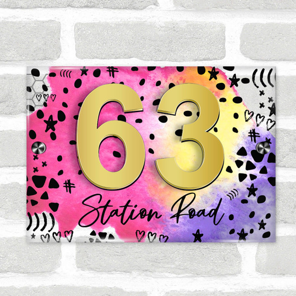 Pink Yellow Purple Abstract Fun 3D Acrylic House Address Sign Door Number Plaque