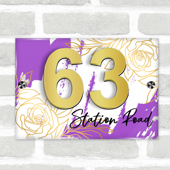 Purple Gold Rose 3D Acrylic House Address Sign Door Number Plaque