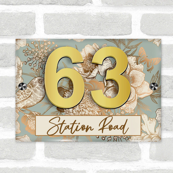 Teal Gold Floral Butterfly 3D Acrylic House Address Sign Door Number Plaque