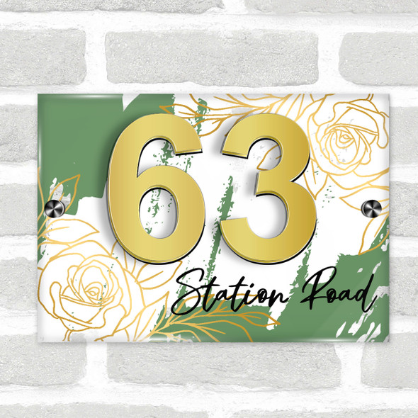 Pine Green Gold Rose 3D Acrylic House Address Sign Door Number Plaque