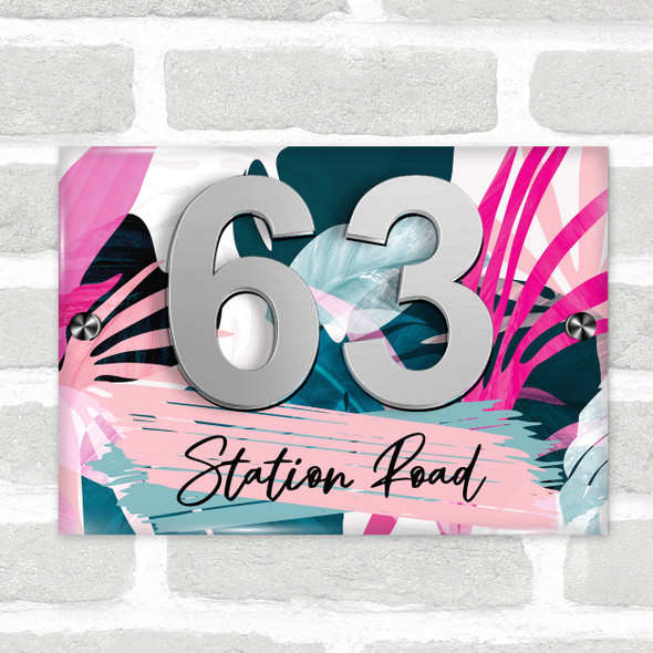 Bright Blue Pink Abstract Leaves Acrylic House Address Sign Door Number Plaque