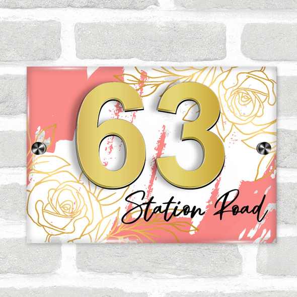 Coral Gold Rose 3D Acrylic House Address Sign Door Number Plaque