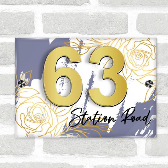 Denim Blue Gold Rose 3D Acrylic House Address Sign Door Number Plaque