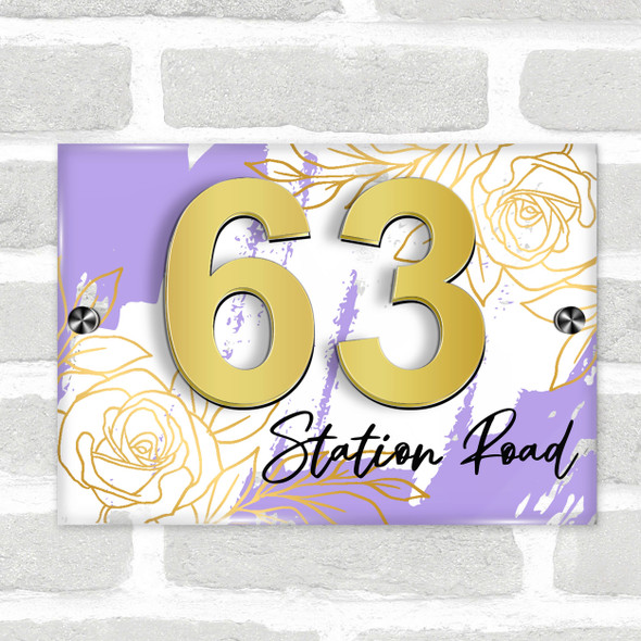 Lavender Gold Rose 3D Acrylic House Address Sign Door Number Plaque