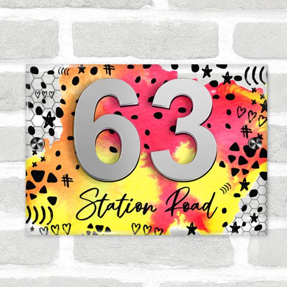 Bright Pink Yellow Abstract Fun 3D Acrylic House Address Sign Door Number Plaque