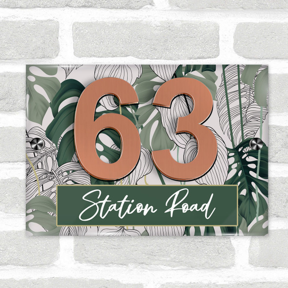 Grey And Green Jungle Leaves 3D Acrylic House Address Sign Door Number Plaque