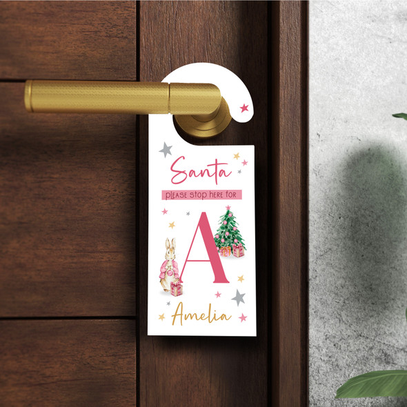 Santa Please Stop Here Girl Peter Rabbit Christmas Sign Personalised Door Hanger