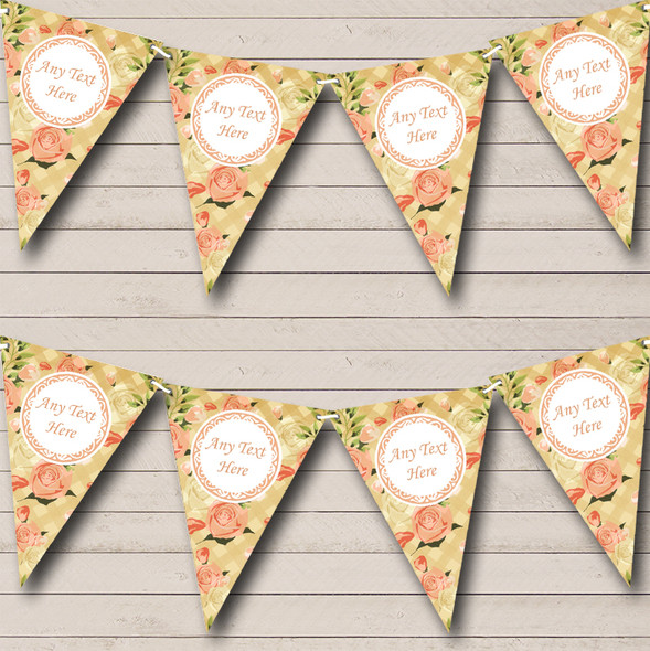 Shabby Chic Vintage Coral Rose Check Custom Personalised Birthday Party Flag Banner Bunting