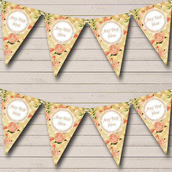 Shabby Chic Vintage Coral Rose Check Custom Personalised Wedding Flag Banner Bunting