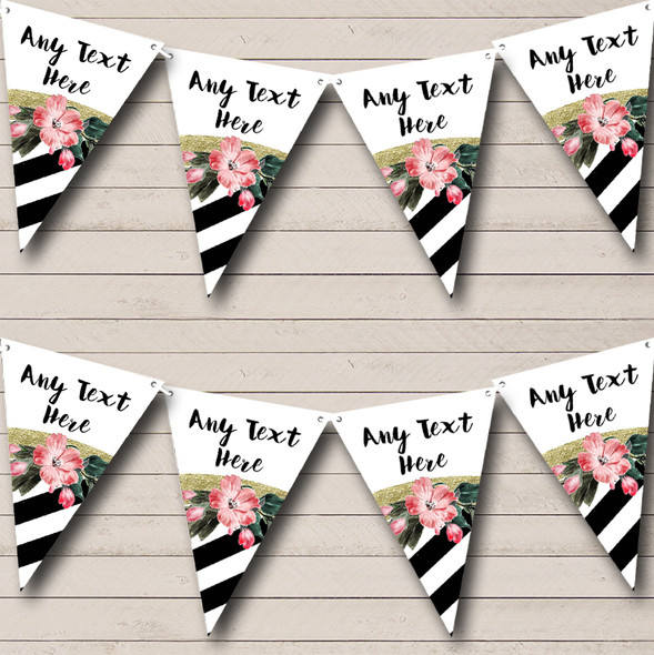 Black & White Floral Gold Custom Personalised Birthday Party Flag Banner Bunting