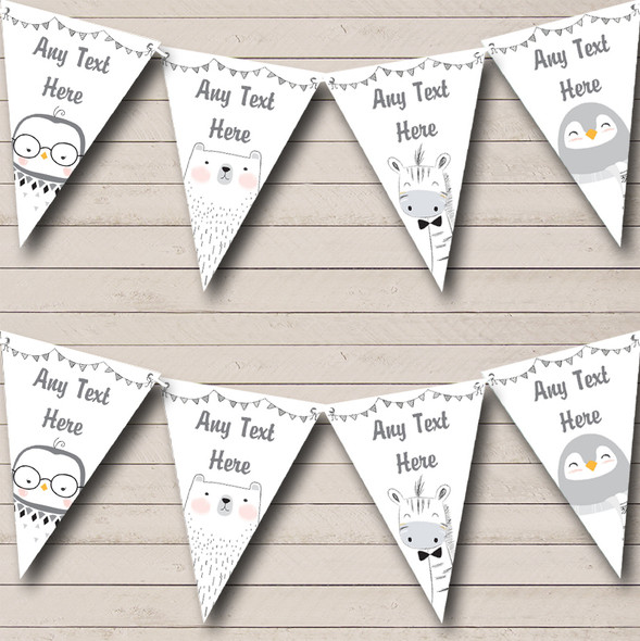 Cute Grey Animals Penguin Giraffe Owl Bear Custom Personalised Baby Shower Flag Banner Bunting